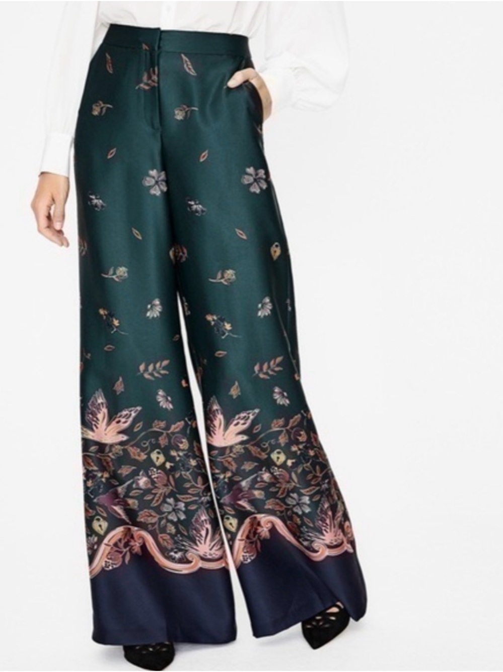 Boden Deep Teal Wide-Leg Satin Pants with Pink Floral Hem